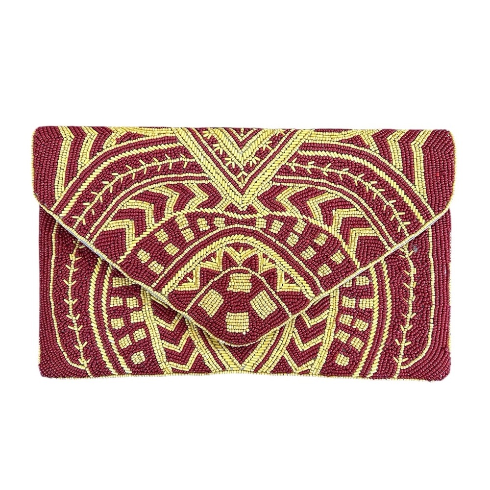 Women’s Red and Yellow Beaded Clutch, front snap closure, canvas backing, lined